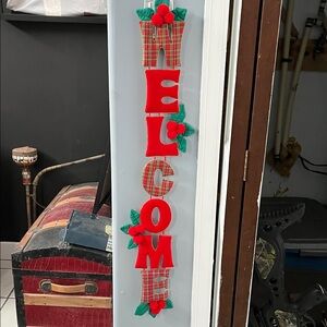 Festive Red Welcome Sign with Holly Accents